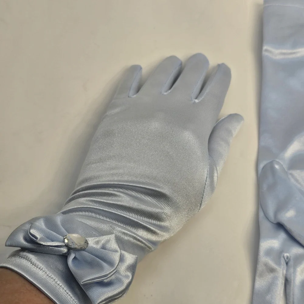 Girls Light Blue Satin Princess Gloves with Bow‎ and Rhinestone Formal Costume